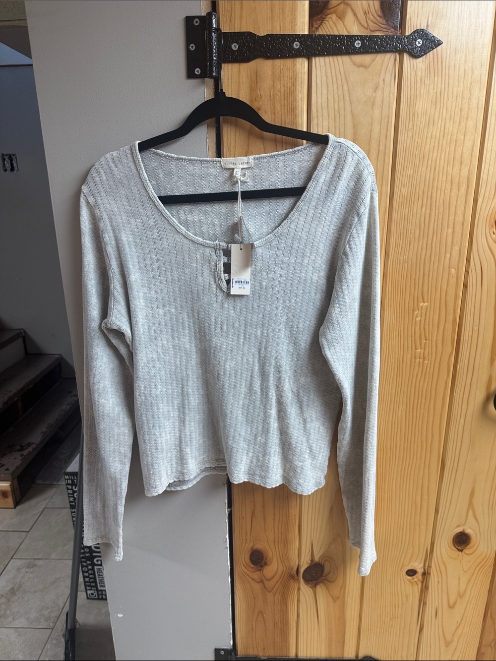 Gilded Intent Light Gray Ribbed Scoop Neck Long Sleeve Top